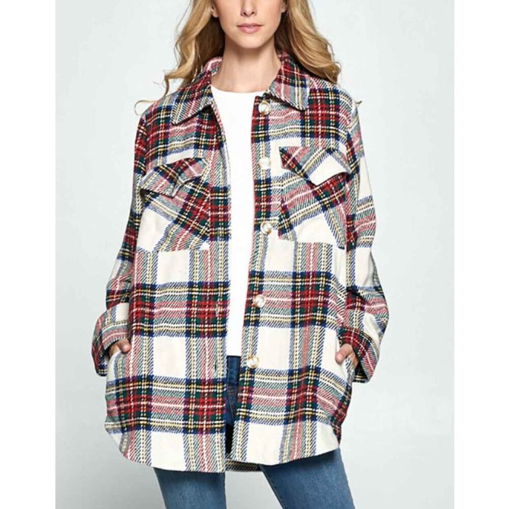 ELLISON Oversized Plaid Shacket Button Up Long Sleeve Red Multi Womens Size M